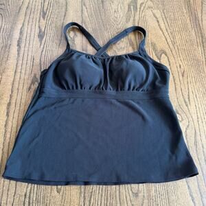 Lands End Women Solid Black Ribbed Soft Molded Cup Tankini Swim Suit Top Size 16